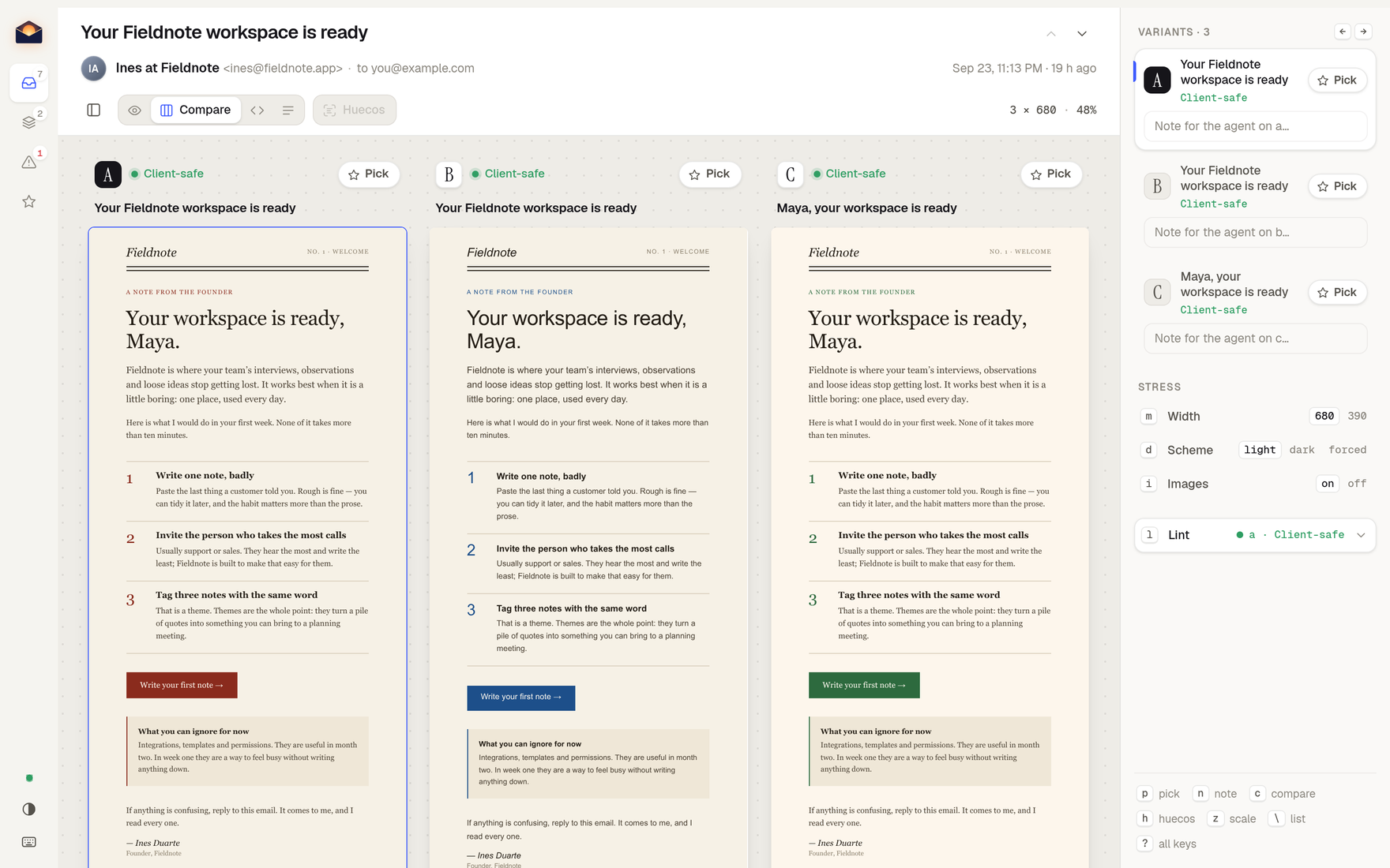 Compare mode: three variants side by side, each with its lint status and a Pick button