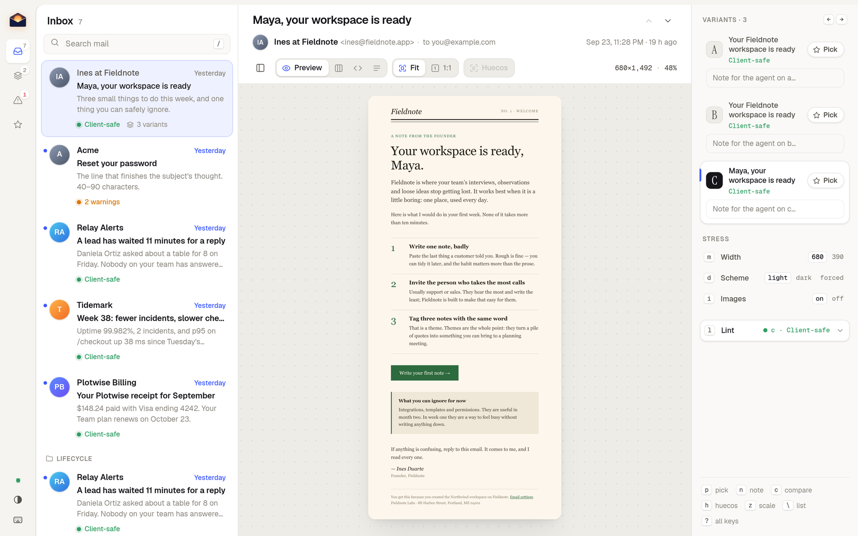 The mailglow inbox: the message list, the opened email and the variant cards with Pick buttons